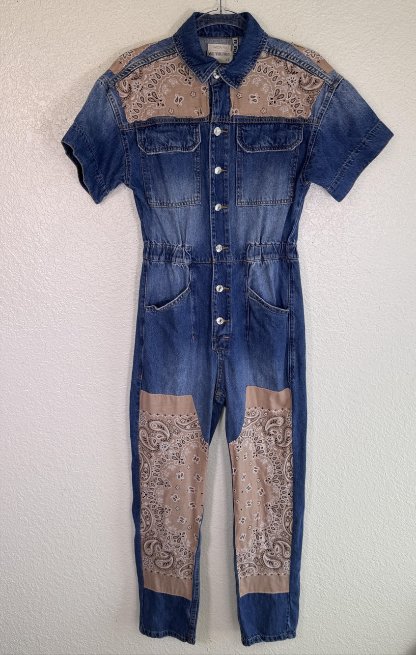 Free People Tricia Fix Jumpsuit Womens XS Denim Paisley Bandana Western Boho